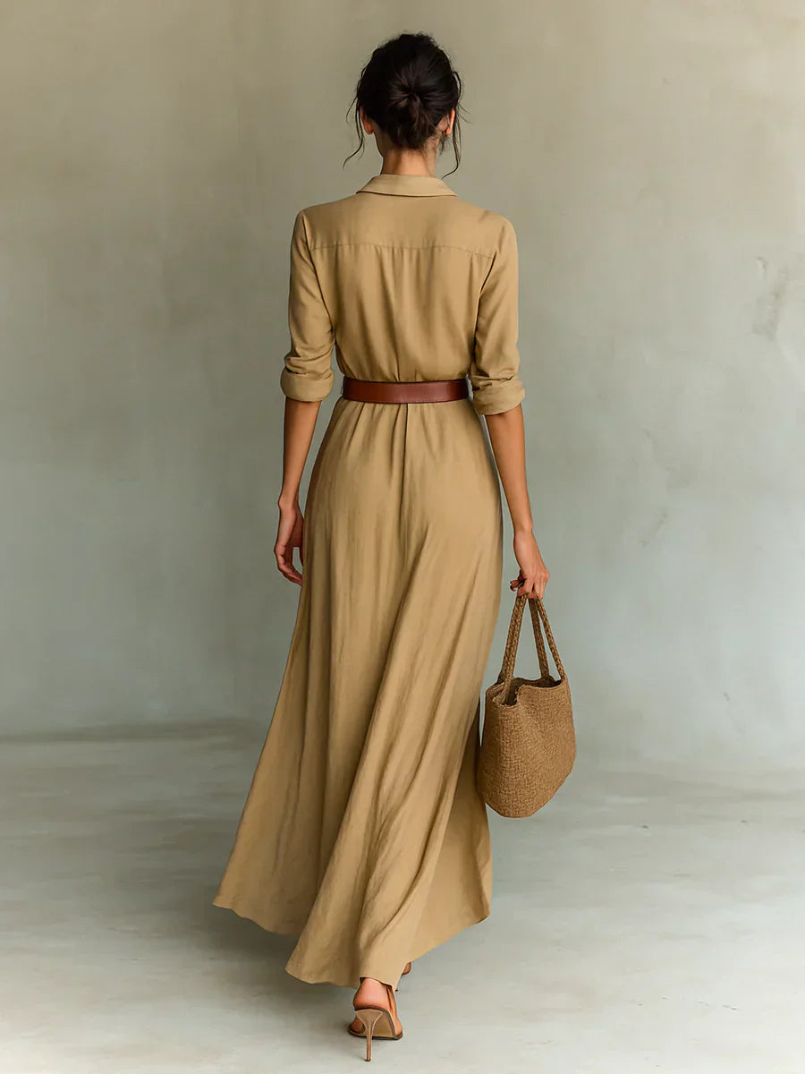 Camille | Vestido Maxi con Solapas y Cinturón en la Cintura
