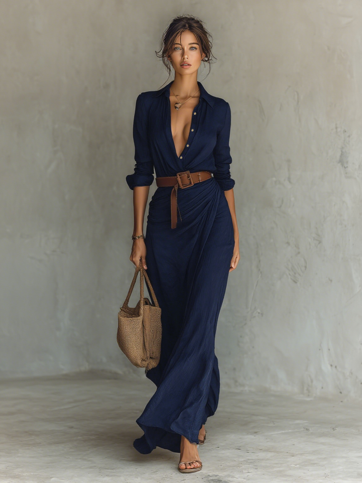 Robe Maxi Larga con Cuello Revers y Mangas Largas para Mujeres