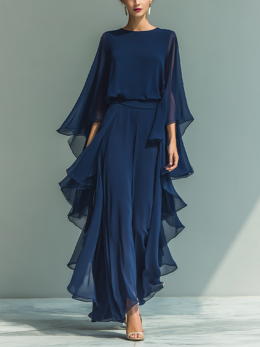 Conjunto Mujer Top Chiffon Azul Marino Con Mangas De Campana Y Pantalones Rectos Con Detalles Volantes