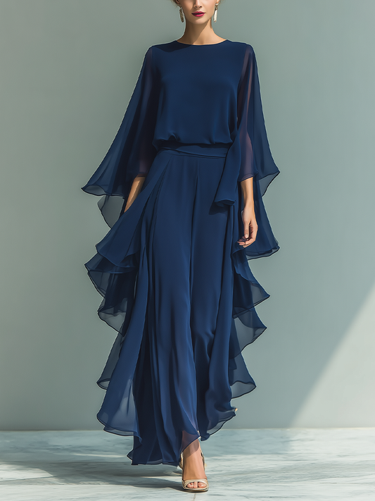 Conjunto Mujer Top Chiffon Azul Marino Con Mangas De Campana Y Pantalones Rectos Con Detalles Volantes
