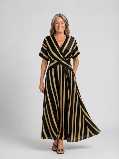 Lina | Vestido Midi Envolvente a Rayas con Manga Corta y Escote en V