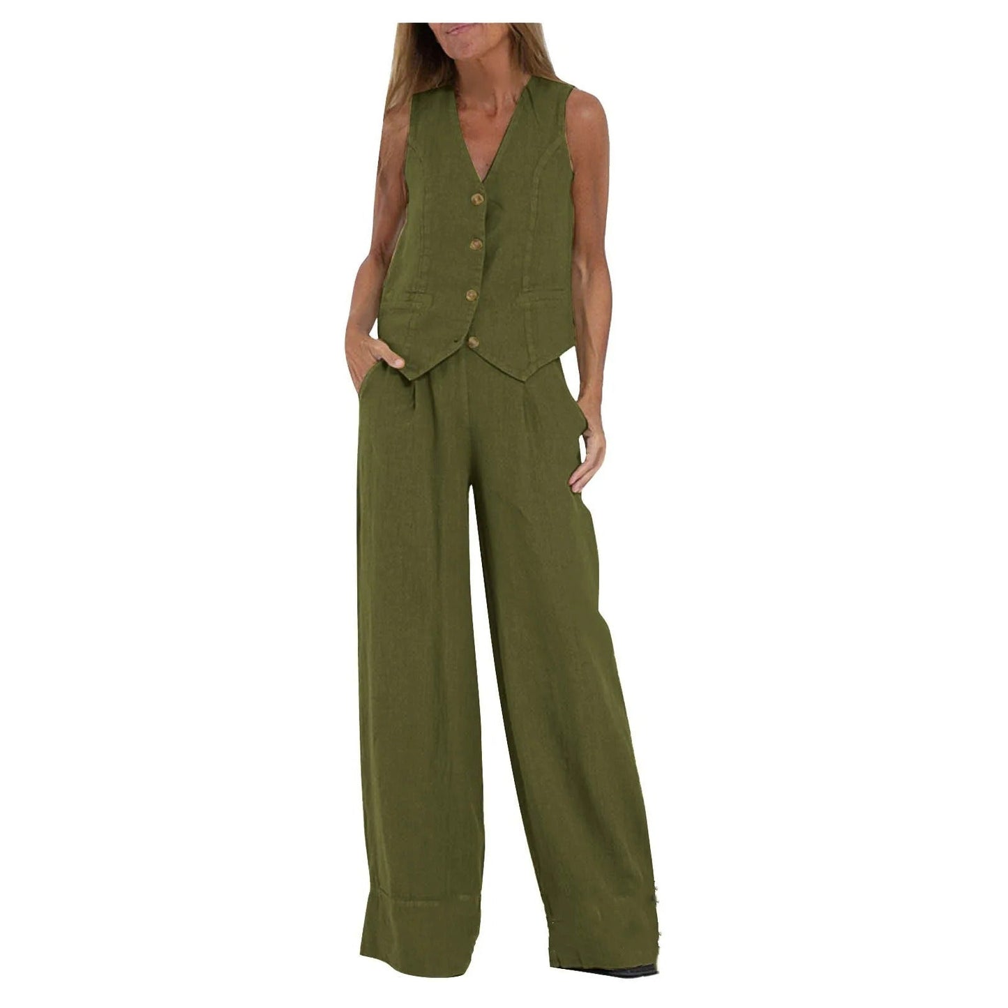 Conjunto de Chaleco a Medida y Pantalones de Pierna Ancha de Algodón