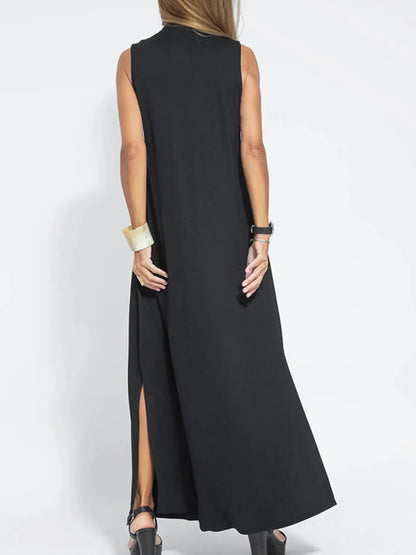 Vestido Maxi Sin Mangas de Talla Completa con Escote en V y Abertura Talla Grande