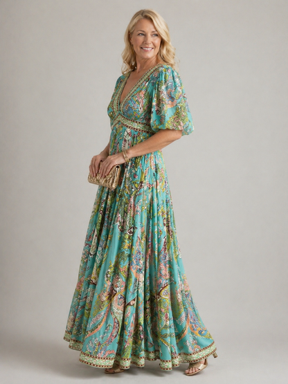 Stella & Grace™ | Vestido maxi ligero con mangas abullonadas y escote en V
