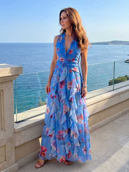 Nori | Vestido Maxi Floral con Cuerpo Arrugado y Escote Halter