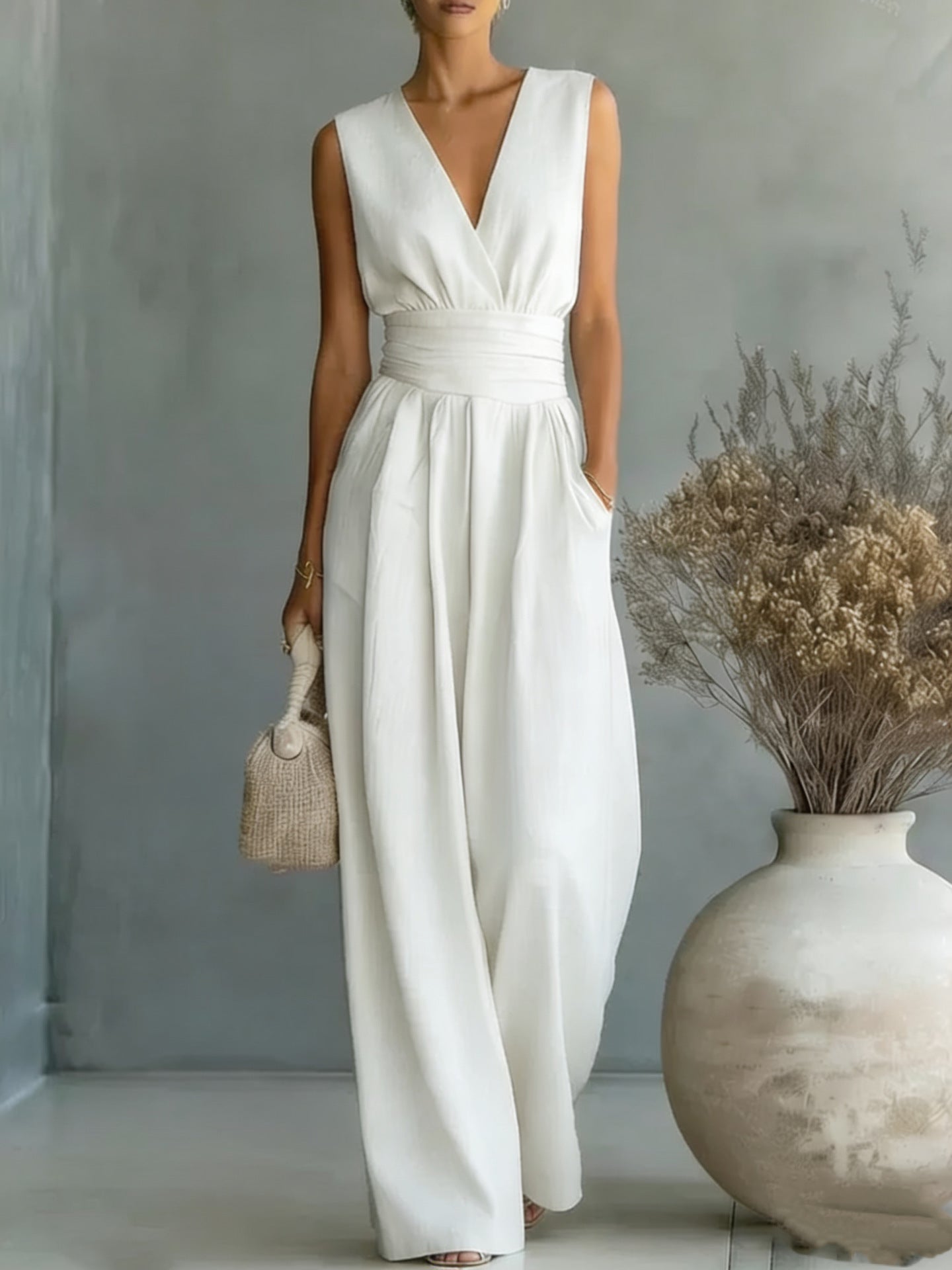Combinación elegante, escote en V, cintura alta y corte amplio