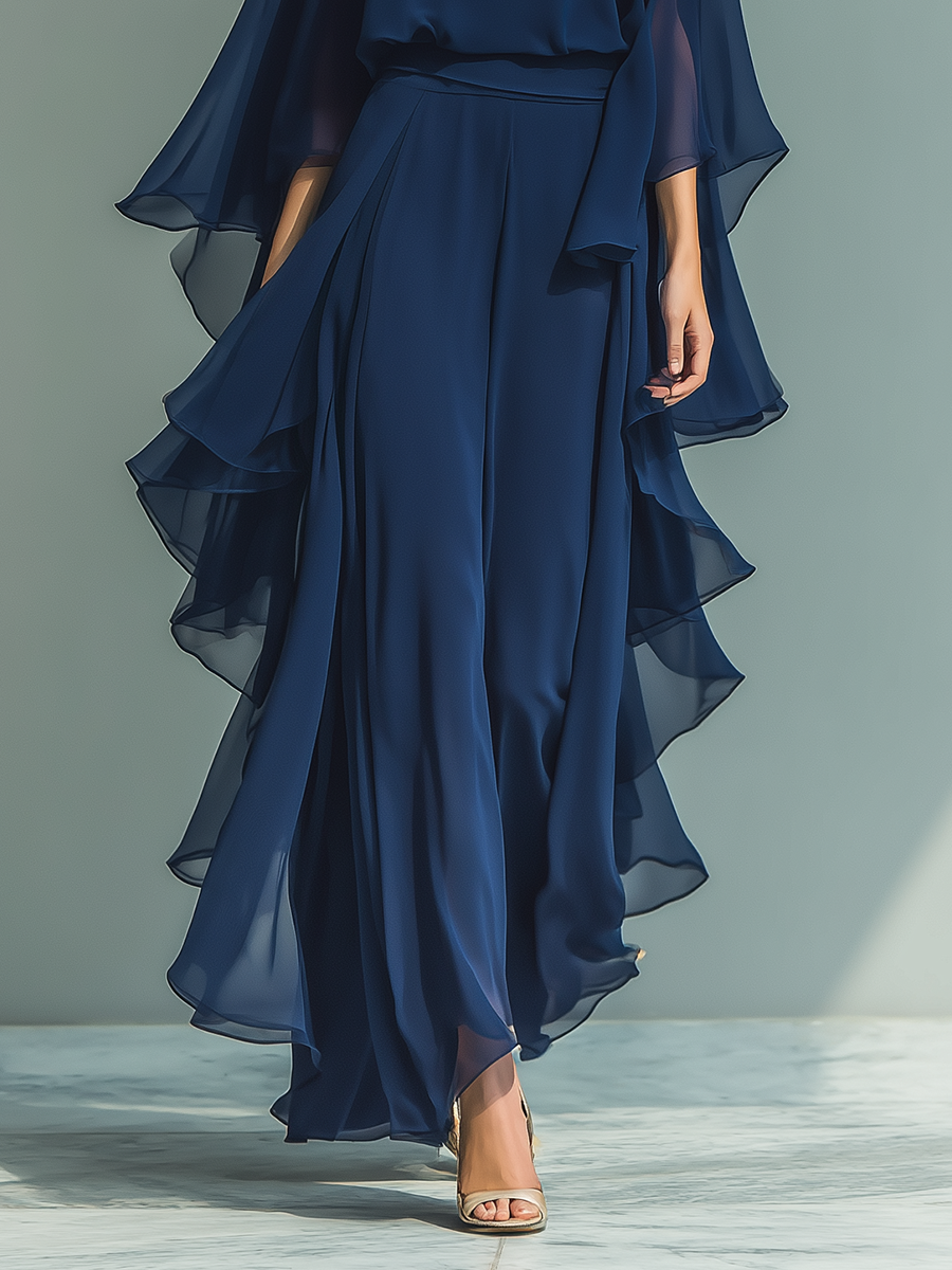 Conjunto Mujer Top Chiffon Azul Marino Con Mangas De Campana Y Pantalones Rectos Con Detalles Volantes