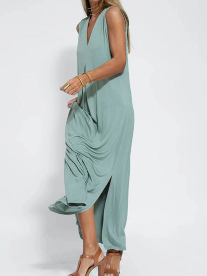 Vestido Maxi Sin Mangas de Talla Completa con Escote en V y Abertura Talla Grande