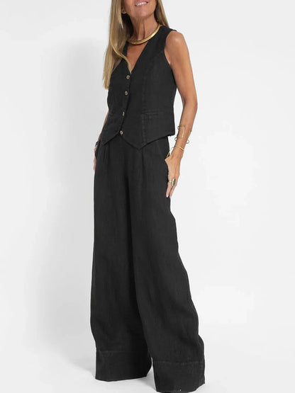 Conjunto de Chaleco a Medida y Pantalones de Pierna Ancha de Algodón
