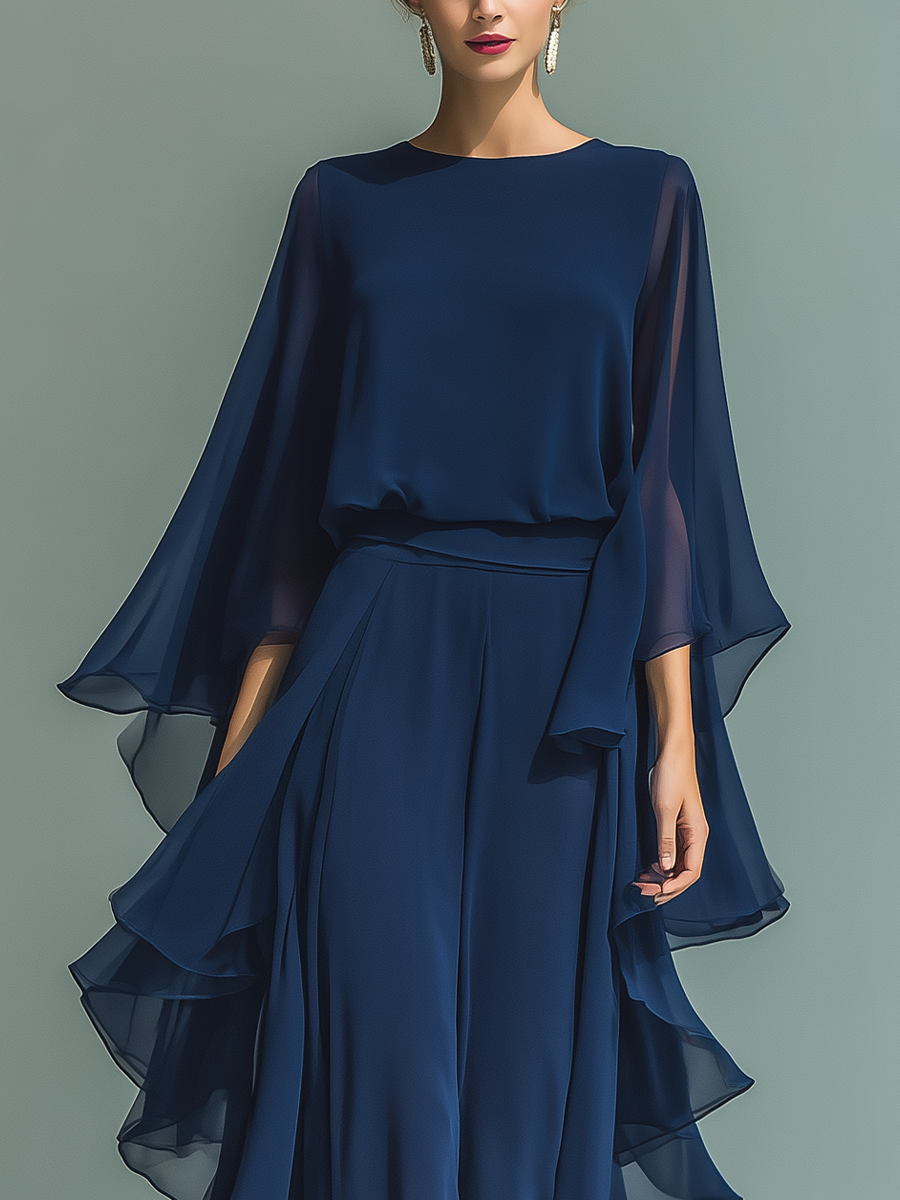 Conjunto Mujer Top Chiffon Azul Marino Con Mangas De Campana Y Pantalones Rectos Con Detalles Volantes