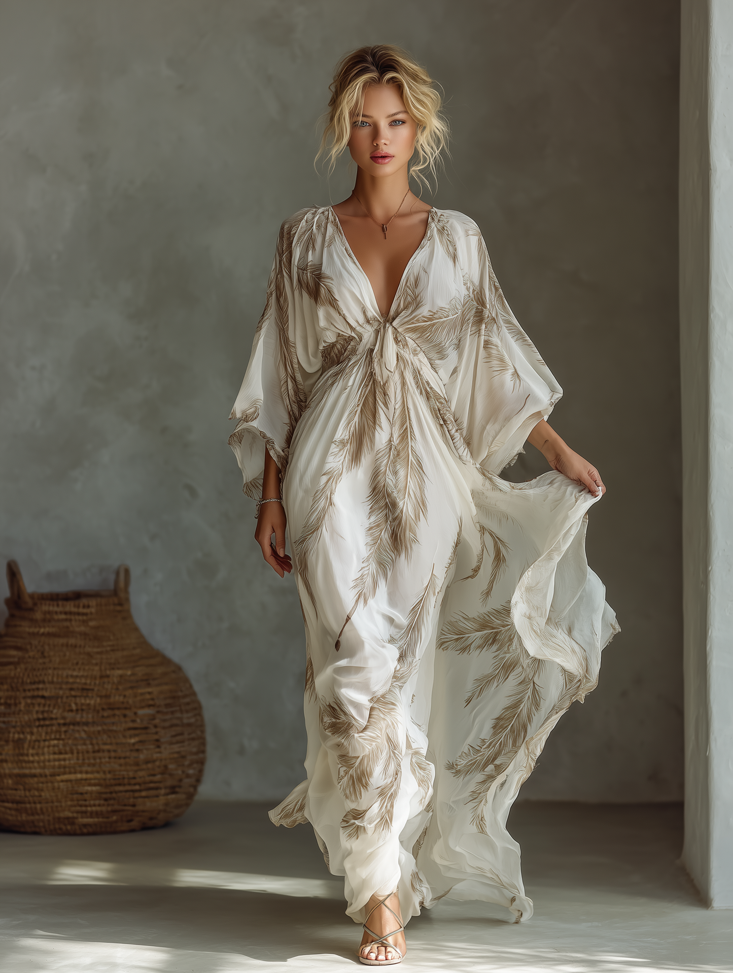 Vestido Maxi en Chiffon Marfil y Taupe con Mangas Dolman y Frontal Trenzado con Estampado de Hoja de Palma