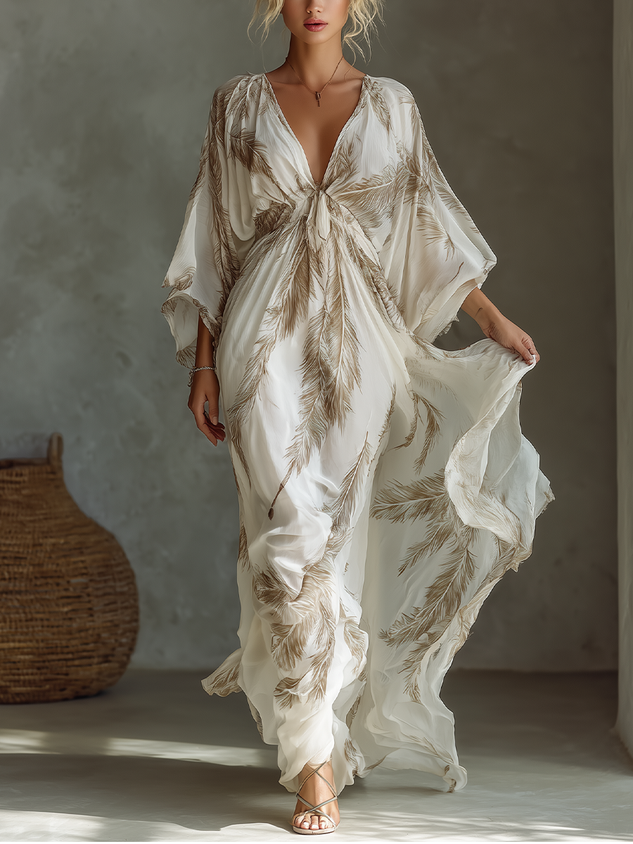 Vestido Maxi en Chiffon Marfil y Taupe con Mangas Dolman y Frontal Trenzado con Estampado de Hoja de Palma