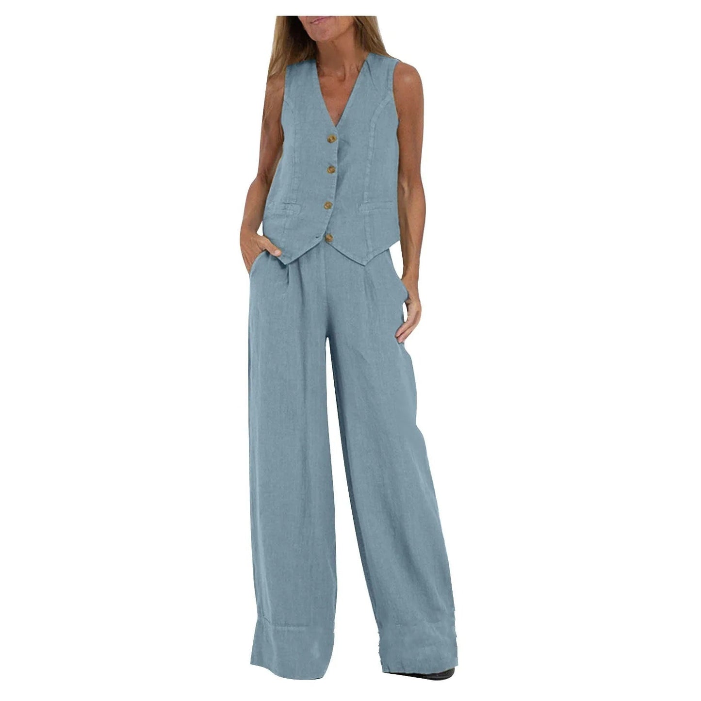 Conjunto de Chaleco a Medida y Pantalones de Pierna Ancha de Algodón