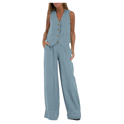 Conjunto de Chaleco a Medida y Pantalones de Pierna Ancha de Algodón