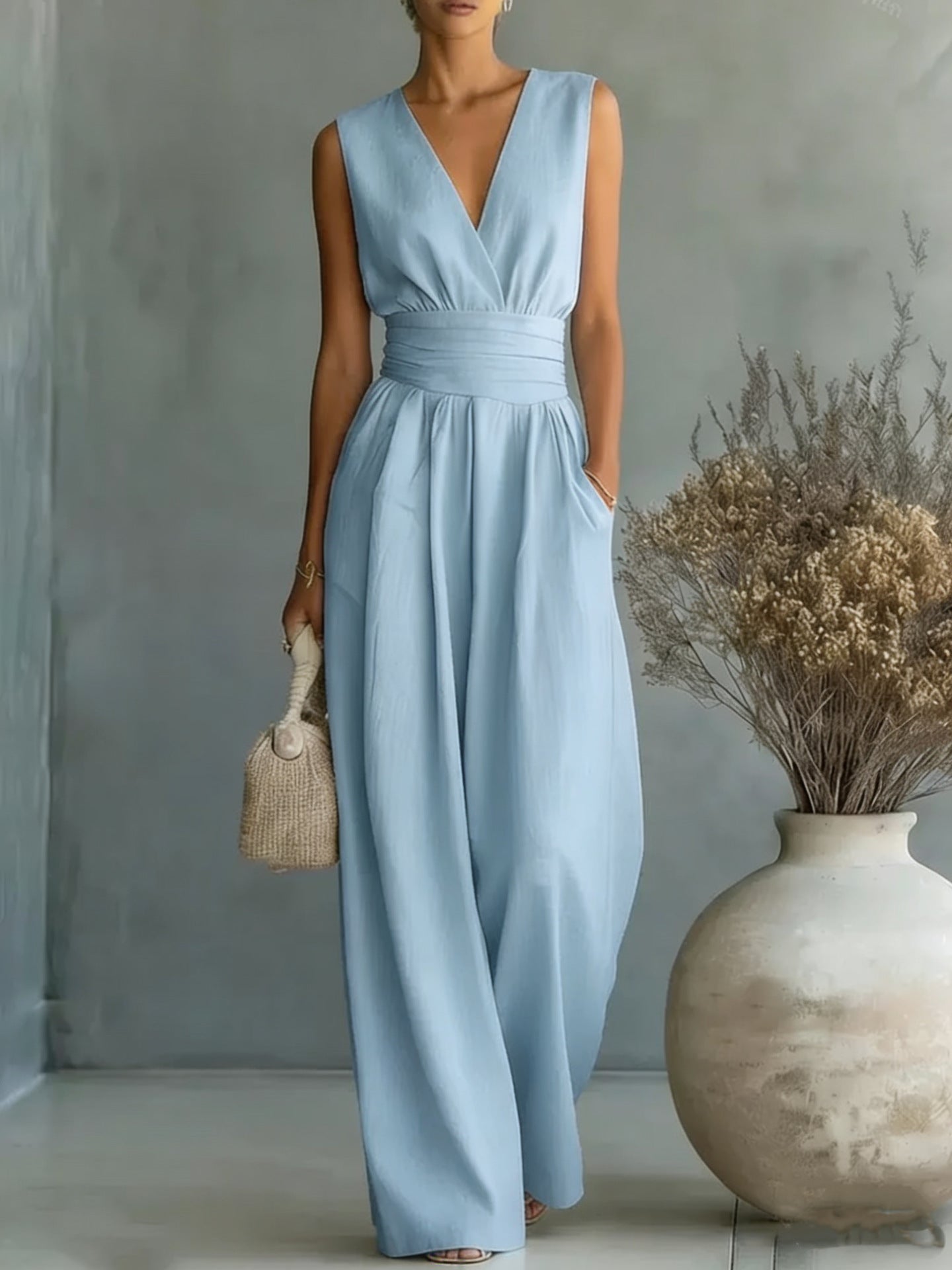 Combinación elegante, escote en V, cintura alta y corte amplio
