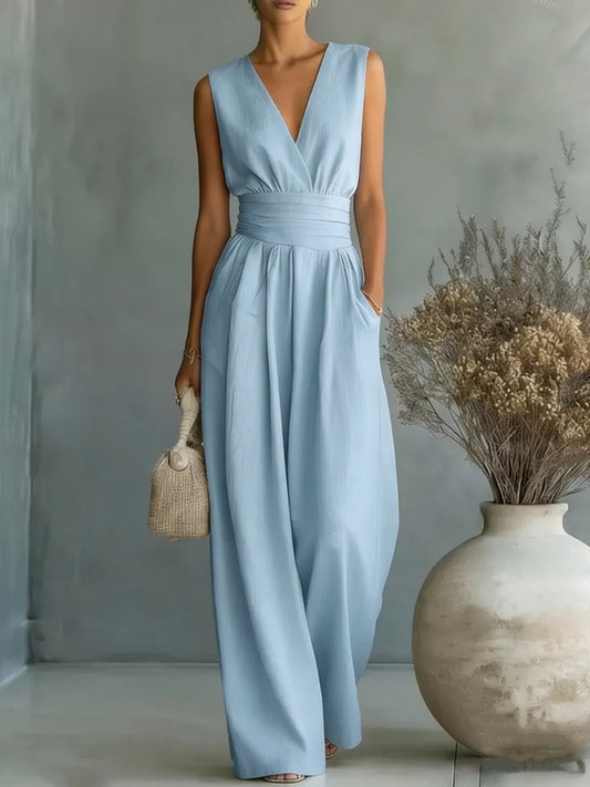 Combinación elegante, escote en V, cintura alta y corte amplio