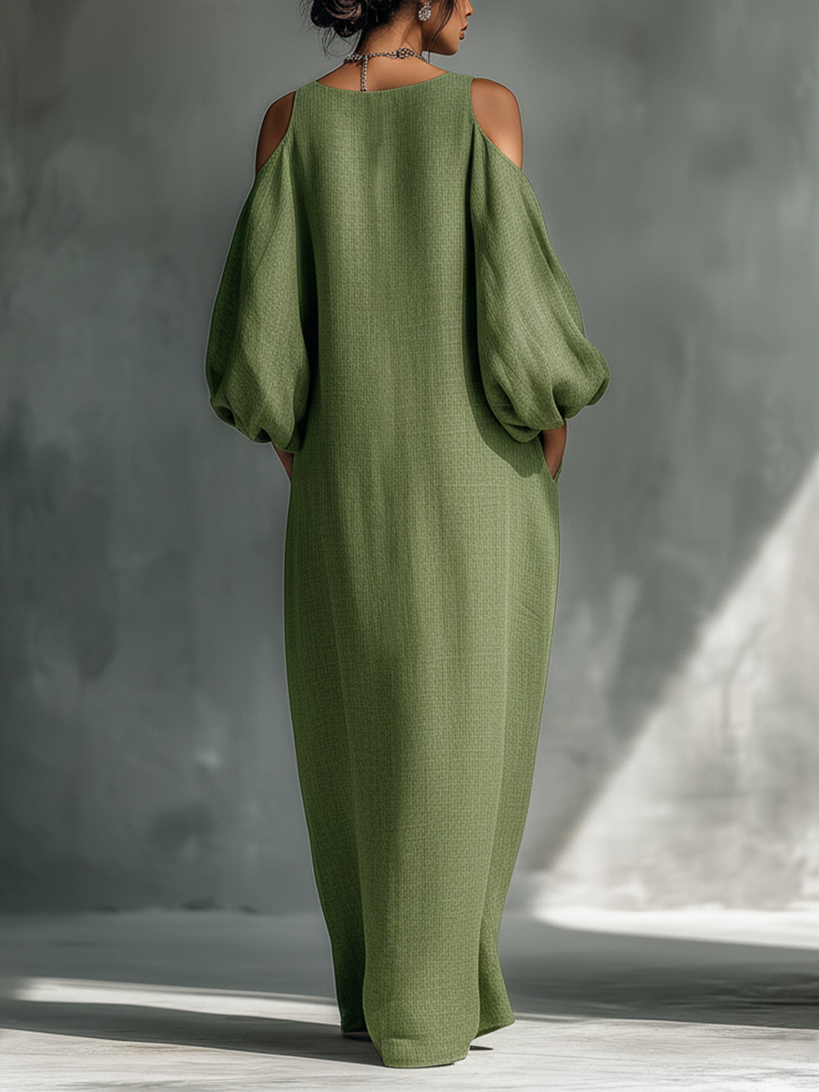 Vestido maxi mujer verde claro con hombros descubiertos, mangas abullonadas oversize y bolsillos laterales