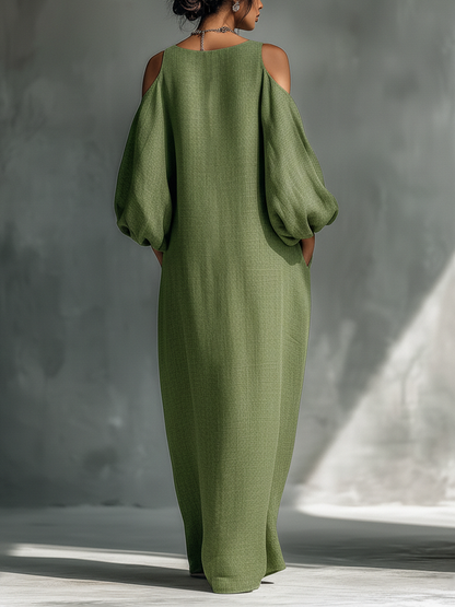 Vestido maxi mujer verde claro con hombros descubiertos, mangas abullonadas oversize y bolsillos laterales
