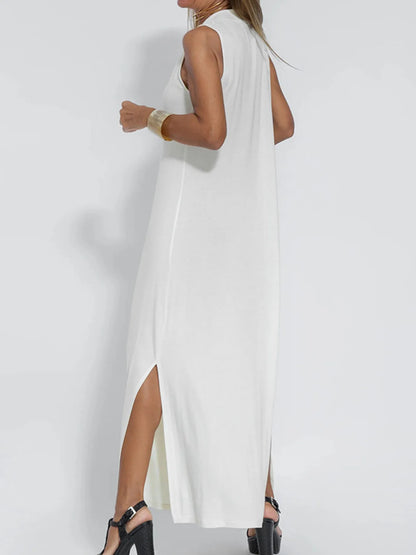 Vestido Maxi Sin Mangas de Talla Completa con Escote en V y Abertura Talla Grande