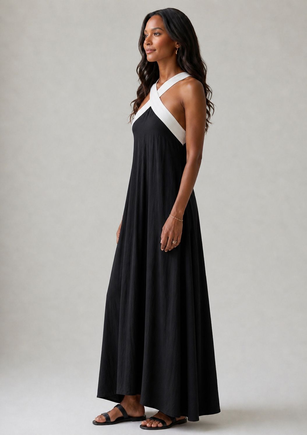 Adair | Vestido Midi con Tirantes en Contraste y Cuello Cruzado