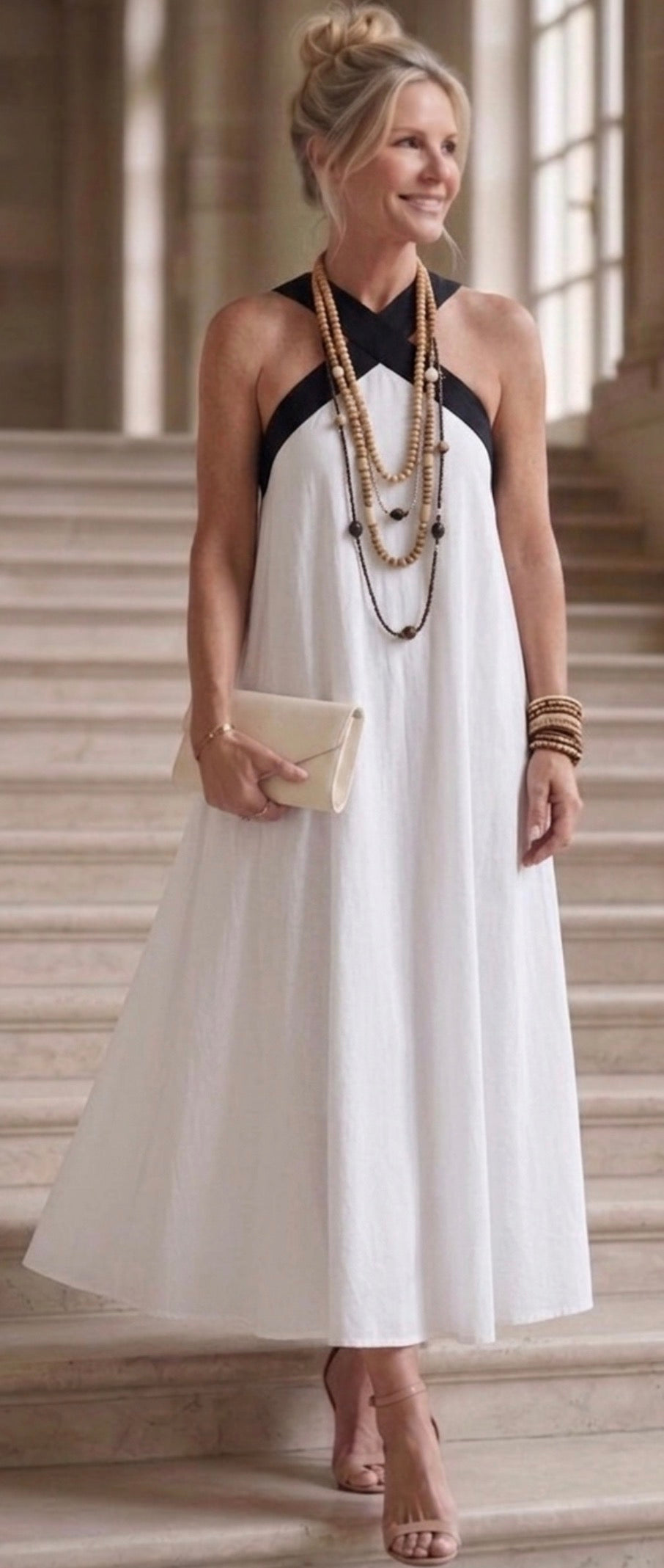 Adair | Vestido Midi con Tirantes en Contraste y Cuello Cruzado