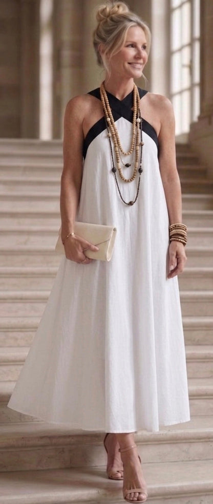 Adair | Vestido Midi con Tirantes en Contraste y Cuello Cruzado