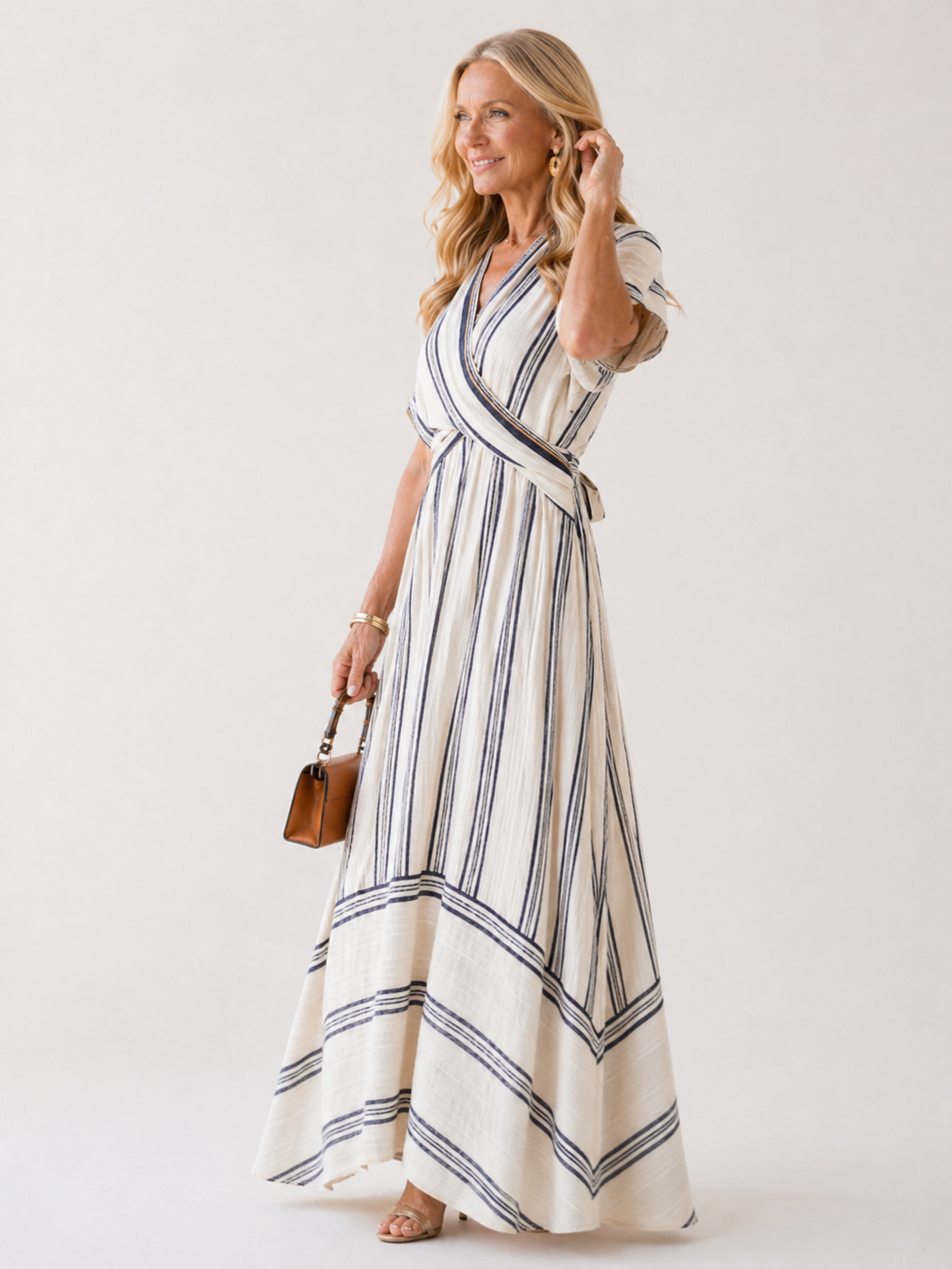 Thalassa | Vestido Midi de Manga Corta con Escote en V y Cintura Envolvente