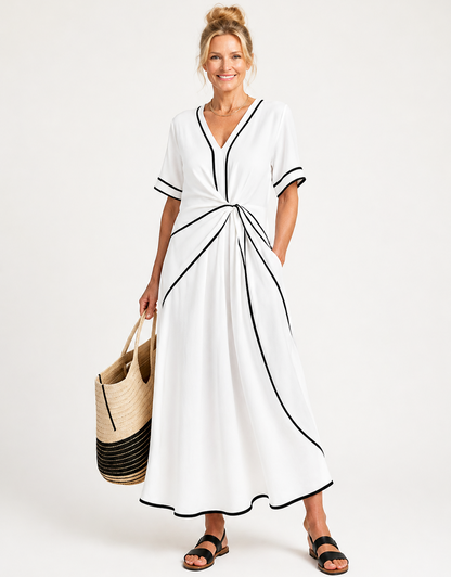 Linnea | Vestido midi de manga corta con escote en V y cintura fruncida