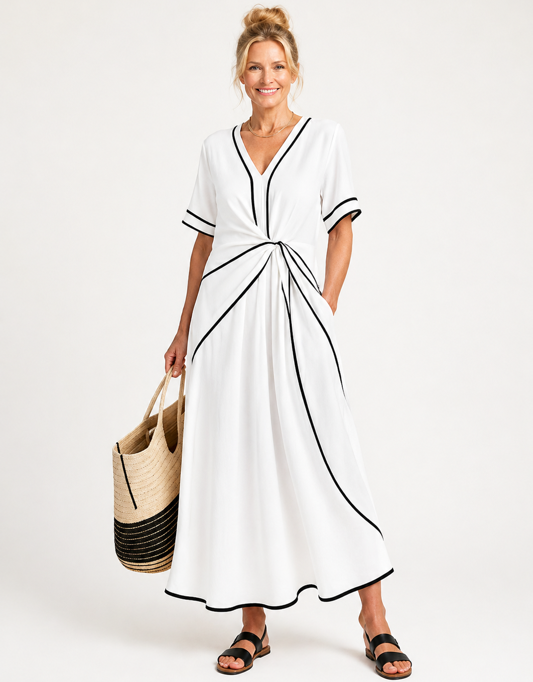 Linnea | Vestido Midi de Manga Corta con Escote en V y Cintura Fruncida