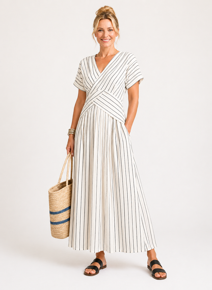Cressida | Vestido Midi de Manga Corta con Escote en V y Cintura Cruzada