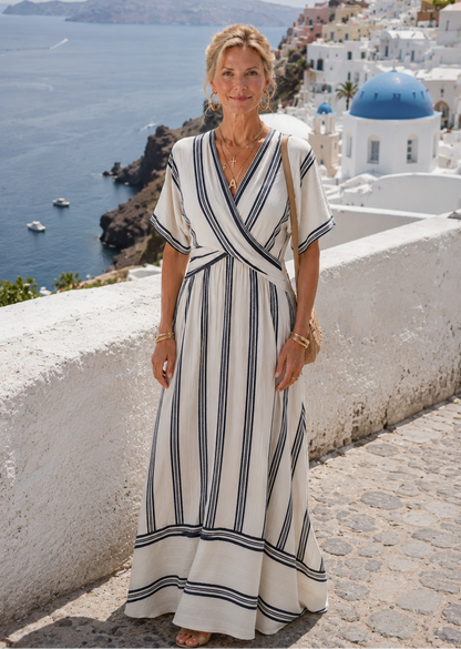 Thalassa | Vestido Midi de Manga Corta con Escote en V y Cintura Envolvente