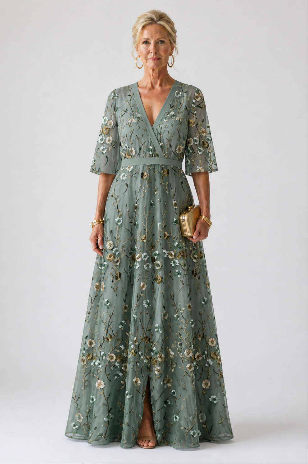 Stella & Grace™ | Vestido Maxi de Manga Corta con Escote en V Floral