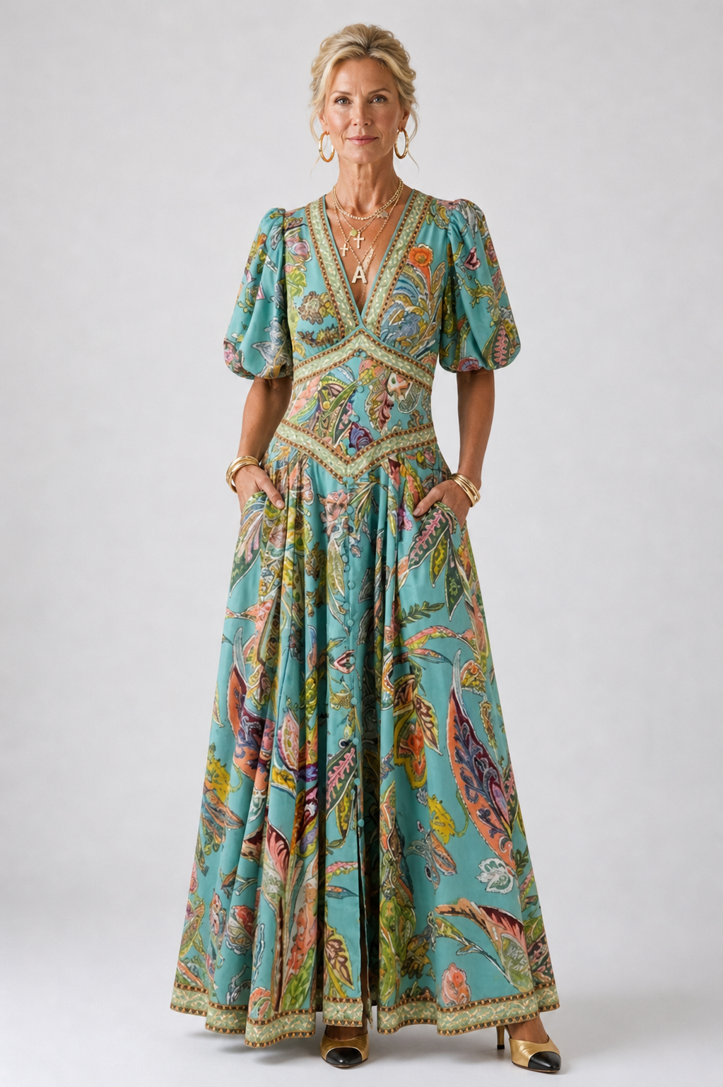 Stella & Grace™ | Vestido maxi ligero con mangas abullonadas y escote en V
