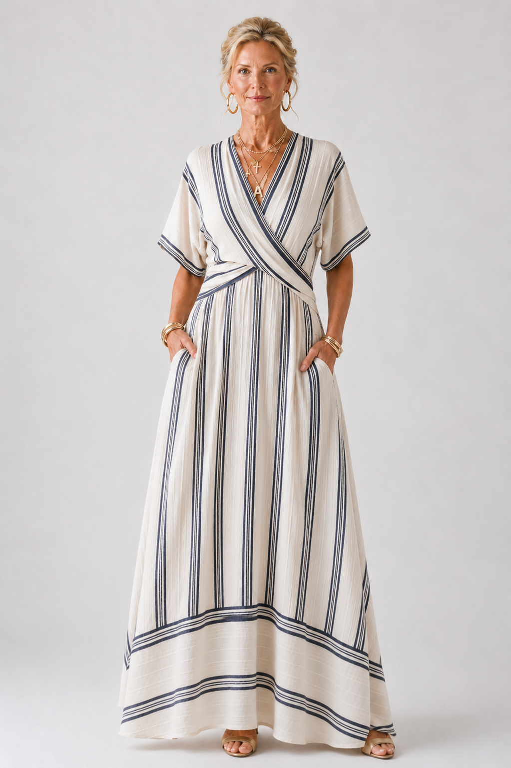 Thalassa | Vestido Midi de Manga Corta con Escote en V y Cintura Envolvente