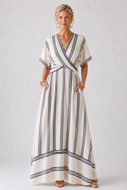 Thalassa | Vestido Midi de Manga Corta con Escote en V y Cintura Envolvente