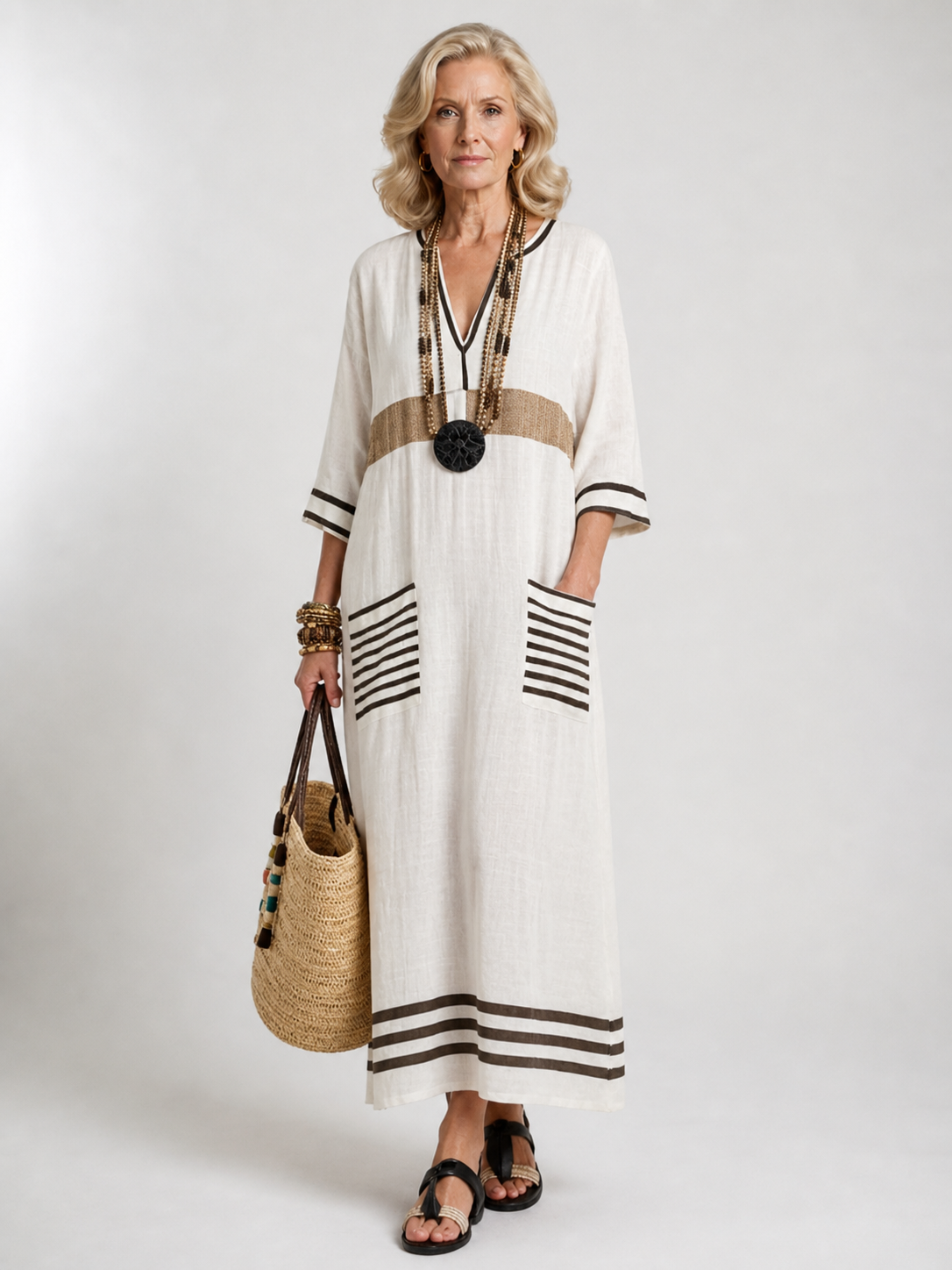 Noemi | Vestido Maxi con Escote en V y Manga Corta con Bolsillos