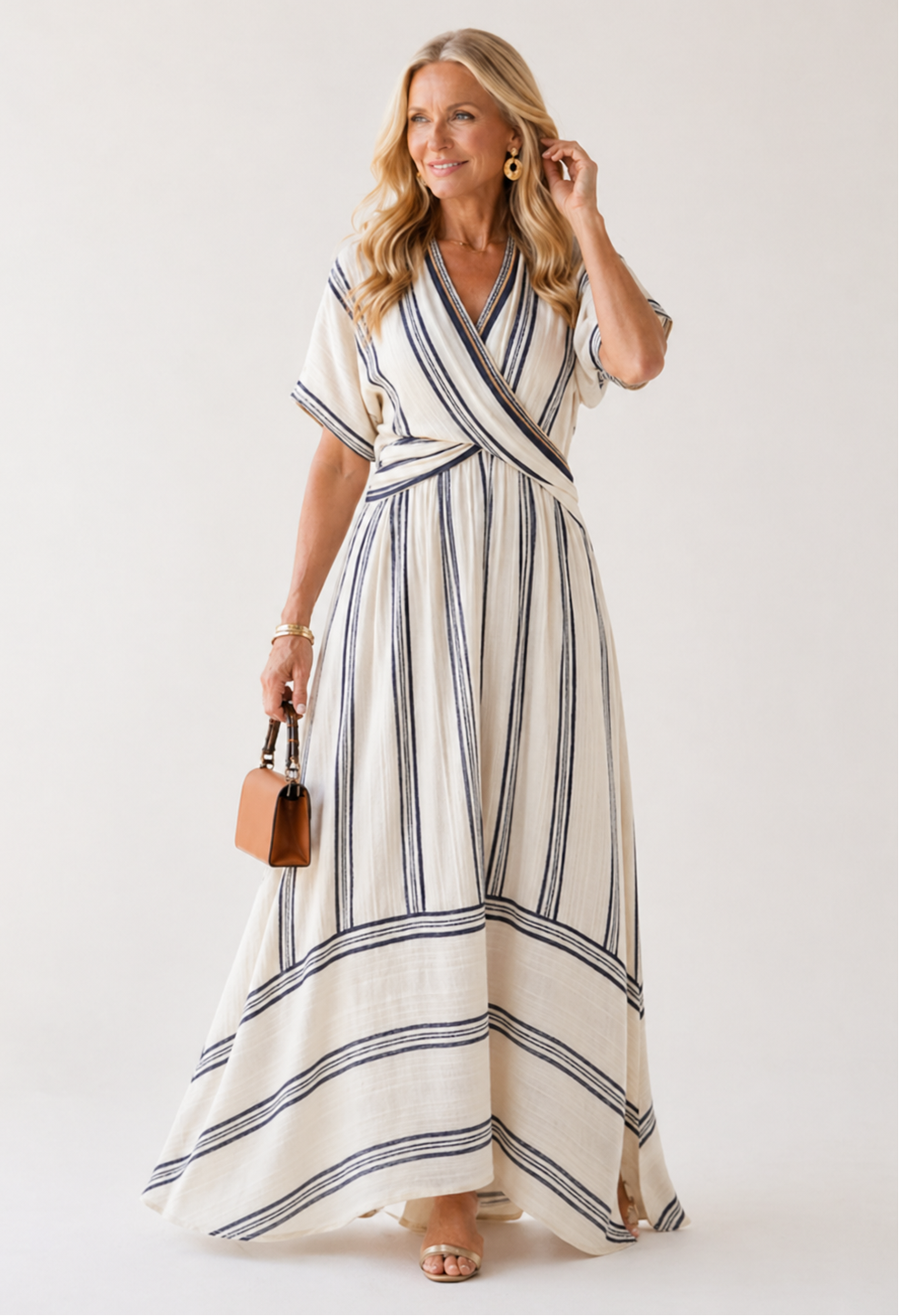 Thalassa | Vestido Midi de Manga Corta con Escote en V y Cintura Envolvente