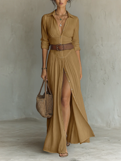 Vestido Maxi Largo con Cuello Notched y Mangas Largas para Mujeres