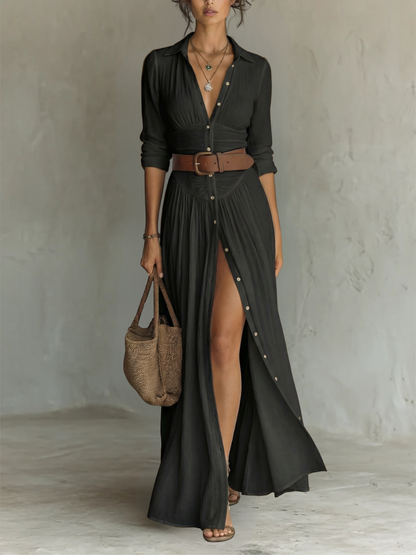 Vestido Maxi Largo con Cuello Notched y Mangas Largas para Mujeres