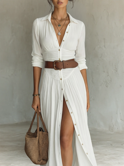 Vestido Maxi Largo con Cuello Notched y Mangas Largas para Mujeres