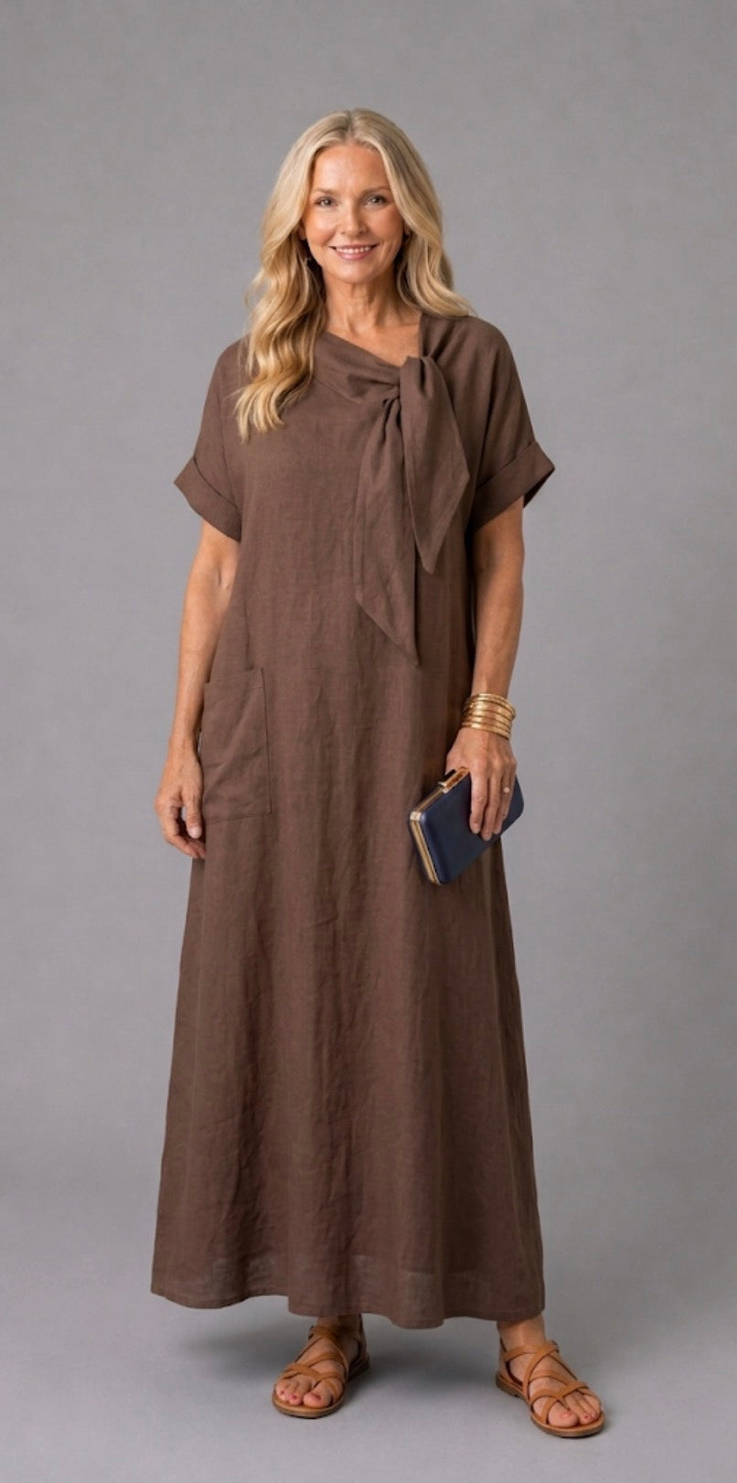 Tivara | Vestido midi de manga corta con cuello atado y bolsillo