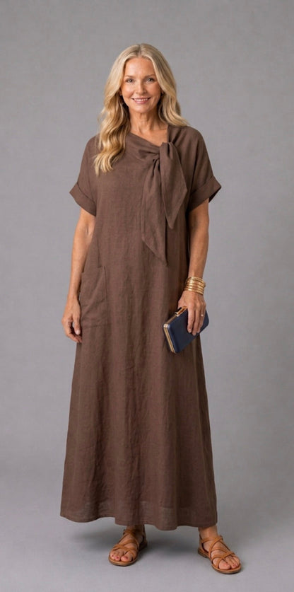 Tivara | Vestido midi de manga corta con cuello atado y bolsillo