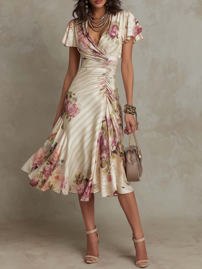 Alba - Vestido midi en satén floral elegante retro