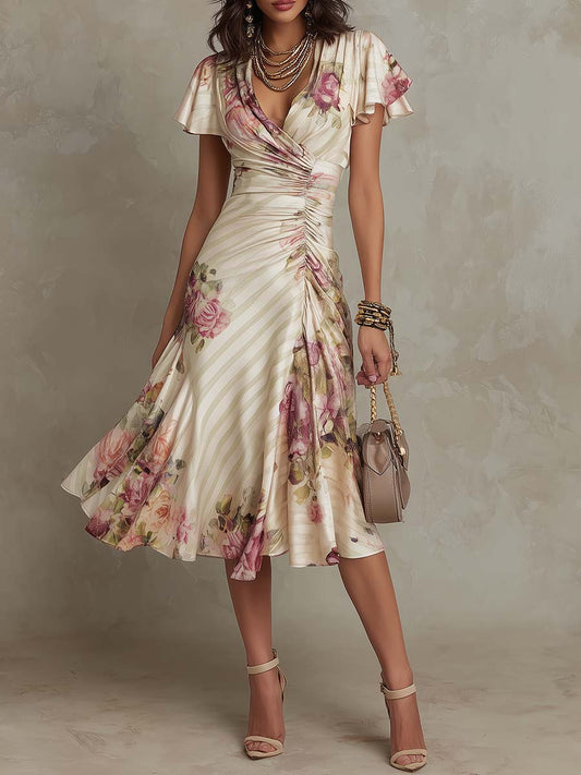 Alba - Vestido midi en satén floral elegante retro