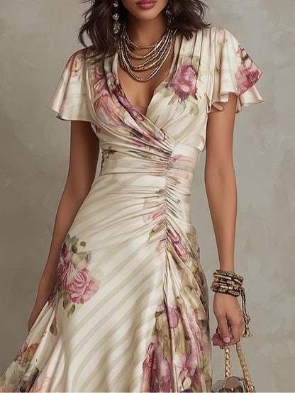 Alba - Vestido midi en satén floral elegante retro