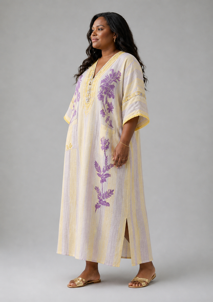 Aurelia | Vestido Maxi Floral a Rayas con Cuello en V y Manga Corta