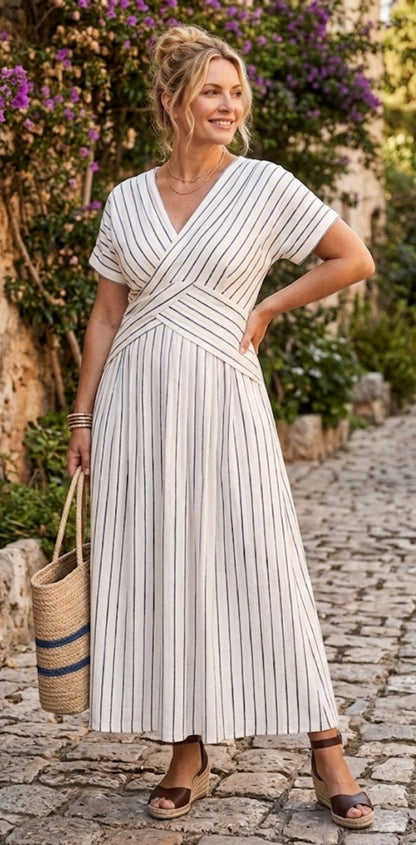 Cressida | Vestido Midi de Manga Corta con Escote en V y Cintura Cruzada