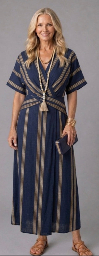Saphira | Vestido midi envolvente a rayas con cuello en V y mangas cortas