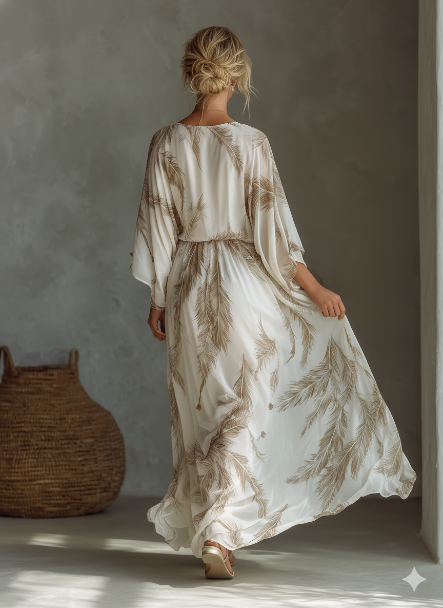 Vestido Maxi en Chiffon Marfil y Taupe con Mangas Dolman y Frontal Trenzado con Estampado de Hoja de Palma