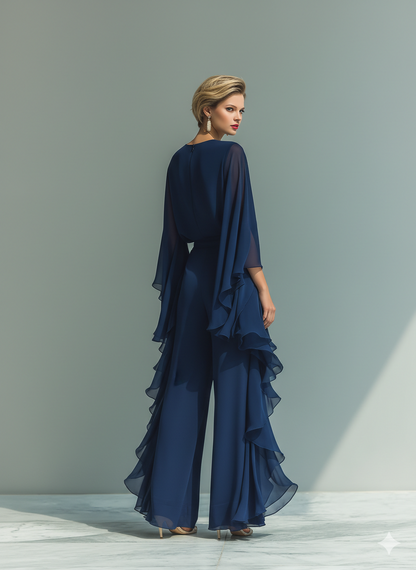 Conjunto Mujer Top Chiffon Azul Marino Con Mangas De Campana Y Pantalones Rectos Con Detalles Volantes